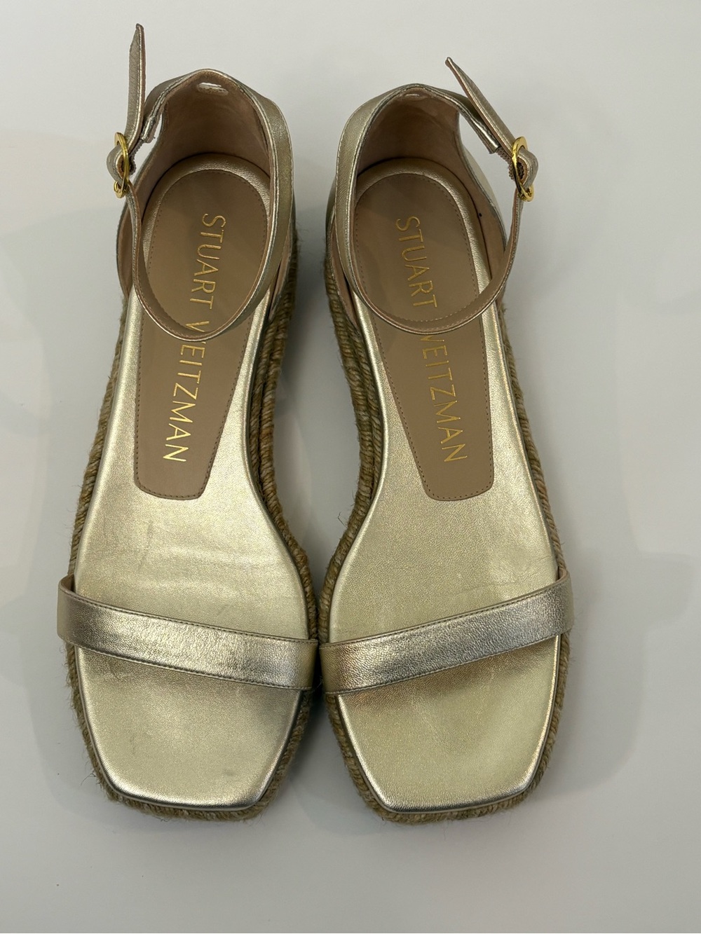 Stuart Weitzman Size 7B Nudistcurve Espadrille Gold Leather Open Toe Ankle Strap